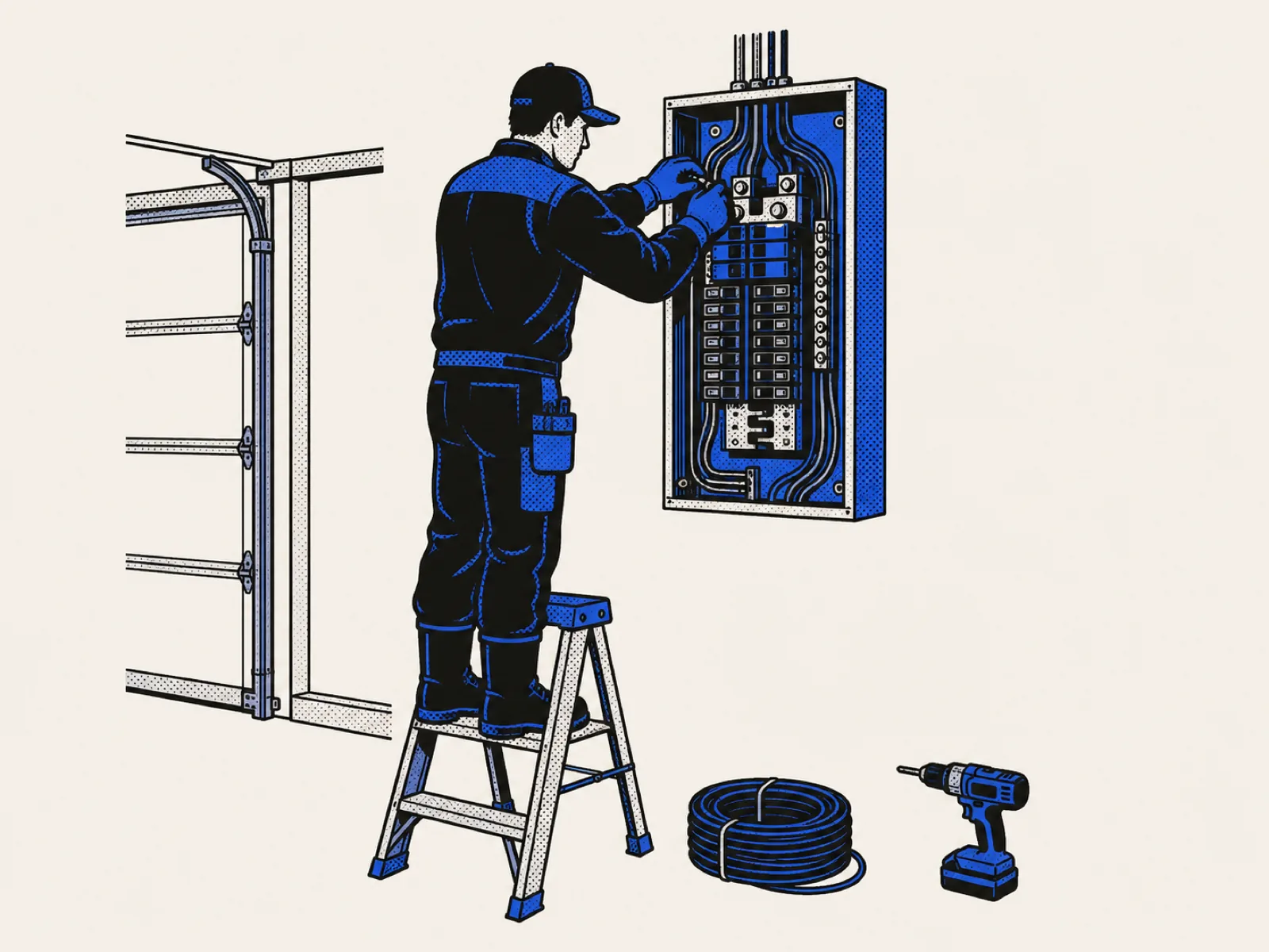 Electrician on a stepladder wiring a panel, two-ink print
