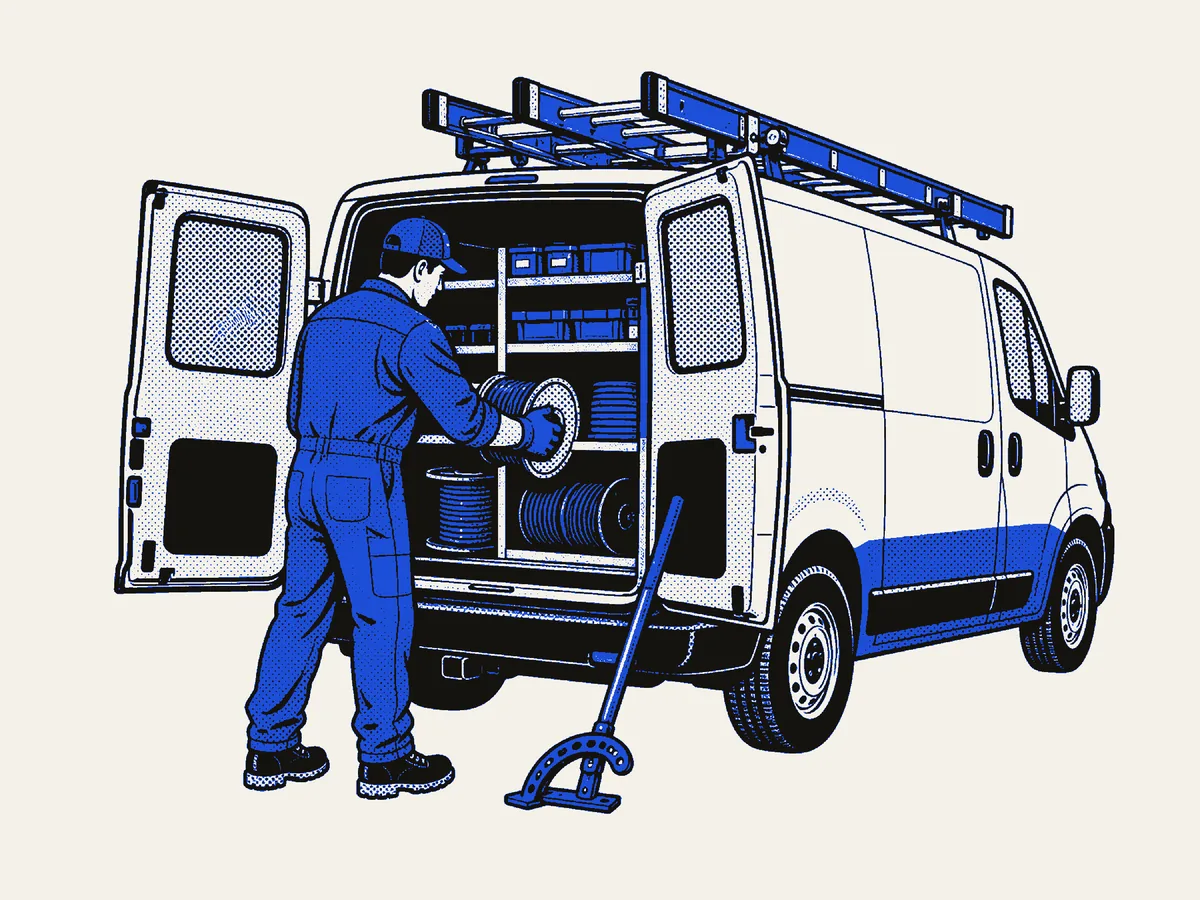 Electrician loading wire reels into a van with a ladder on the roof