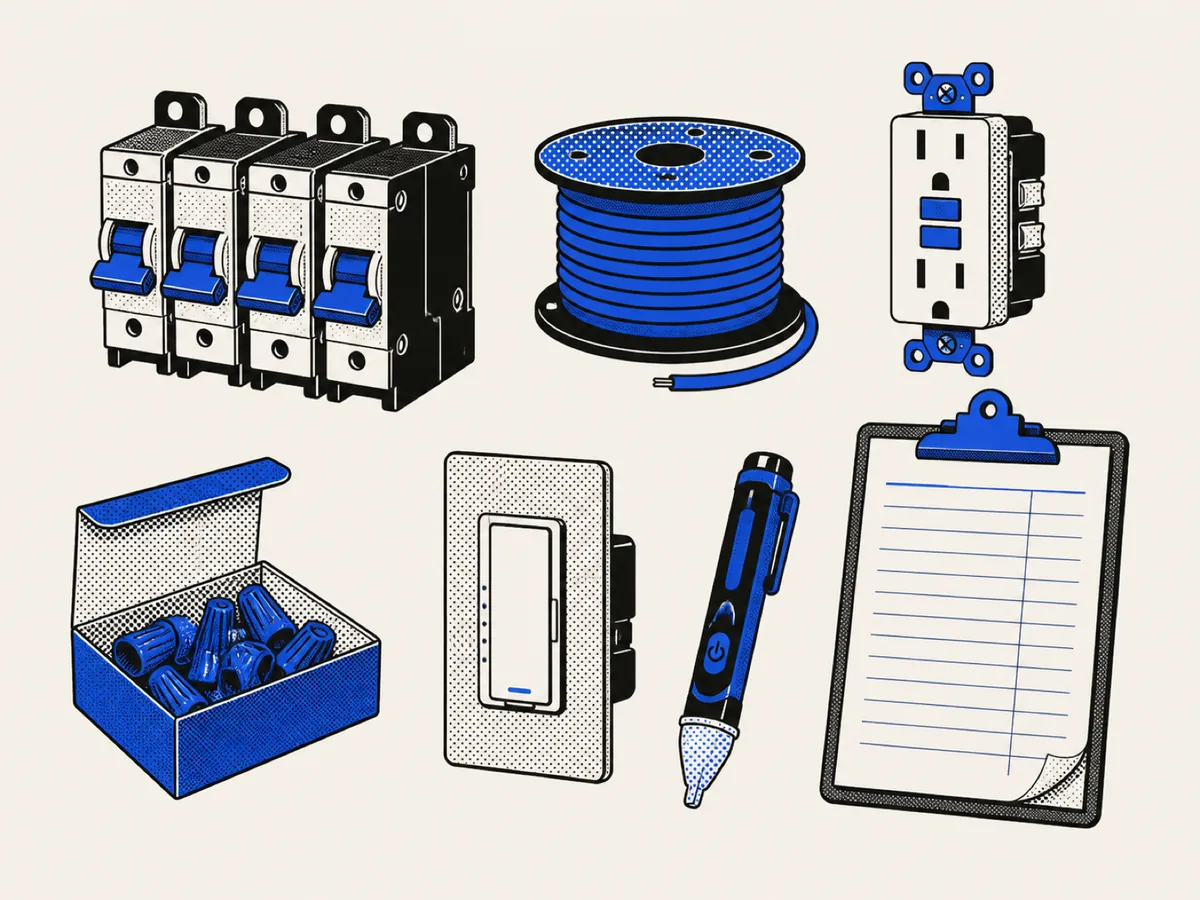 Breakers, a wire reel, a GFCI outlet, wire nuts, a dimmer, a voltage tester and a clipboard